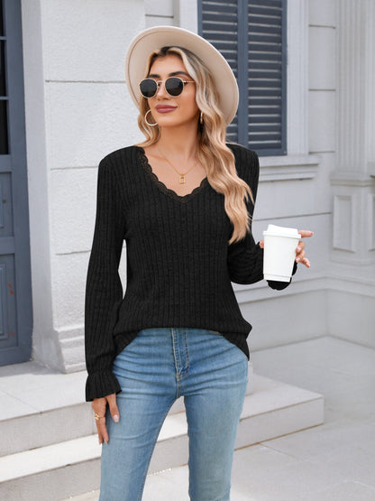 Lace Detail V-Neck Long Sleeve T-Shirt Black