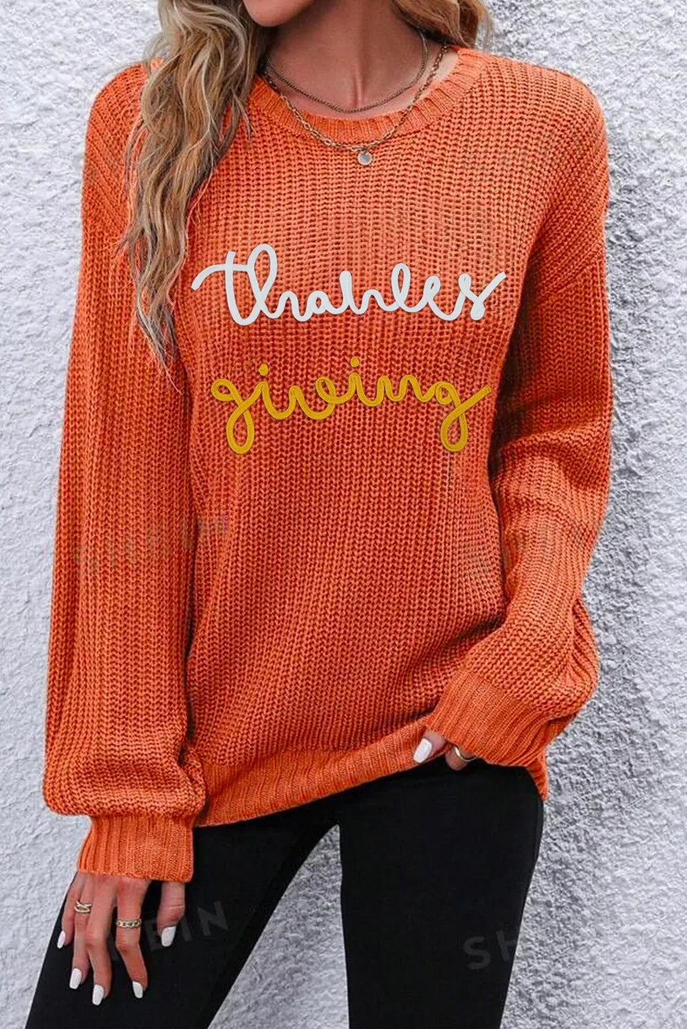 THANKSGIVING Round Neck Long Sleeve Sweater Orange