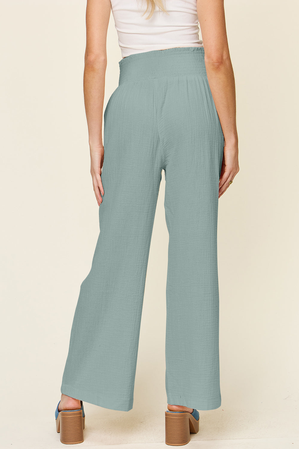 Textured Smocked Waist Wide Leg Pants