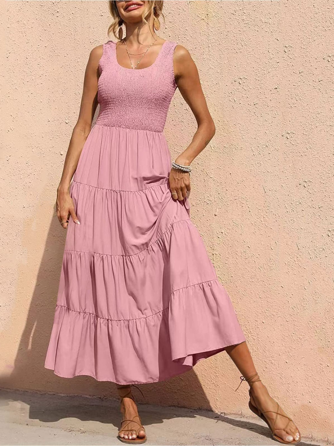 Smocked Tiered Midi Dress with Wide Straps Blush Pink