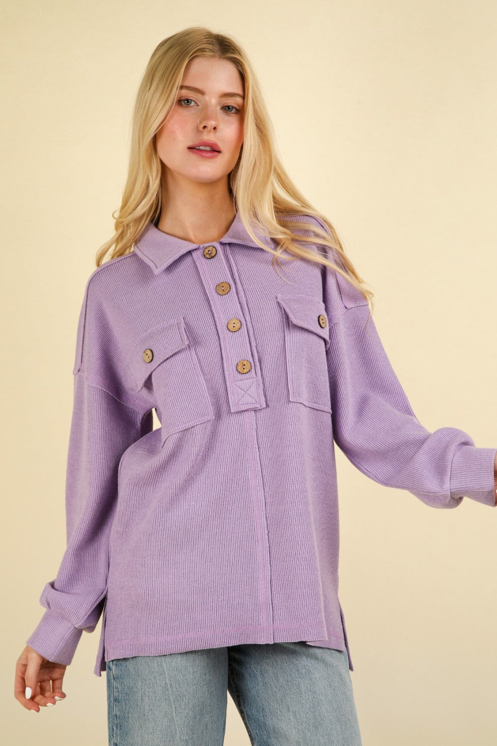 VERY J Collared Half Button Knit Top with Pockets Orchid