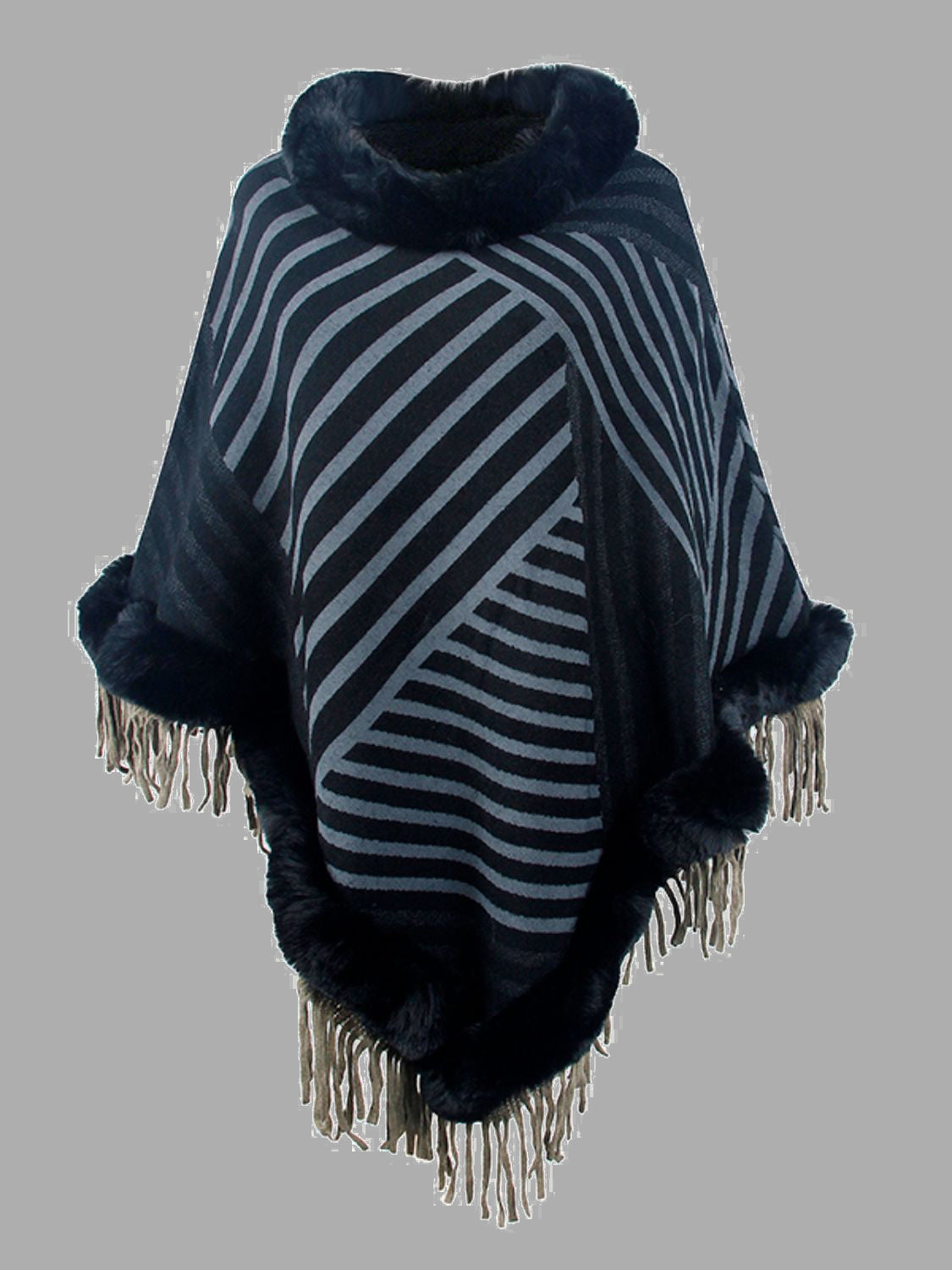 Striped Fringe Hem Poncho French Blue One Size