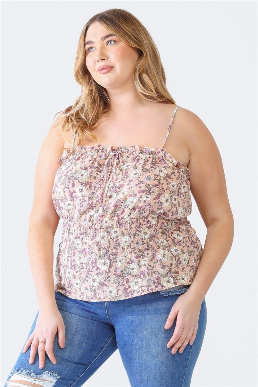 Zenobia Plus Size Frill Floral Square Neck Cami Mauve