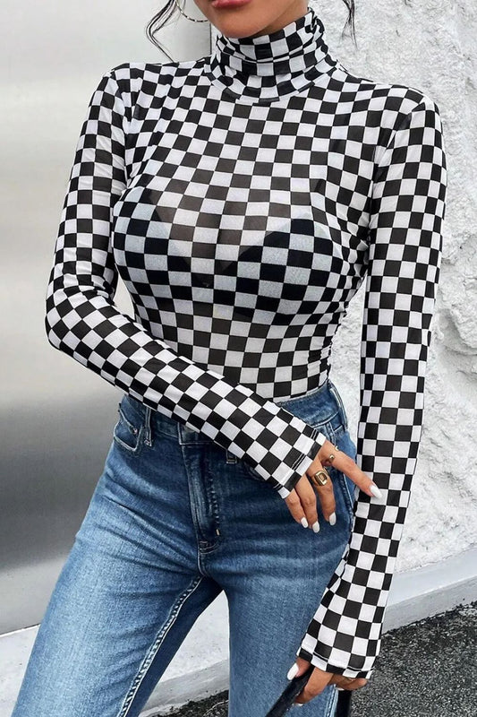 Checkered Turtleneck Long Sleeve Bodysuit Black