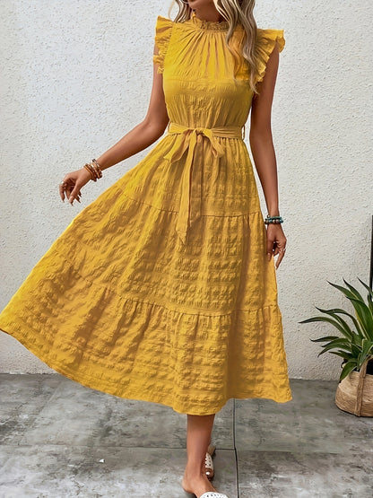 Tied Ruffled Cap Sleeve Midi Dress