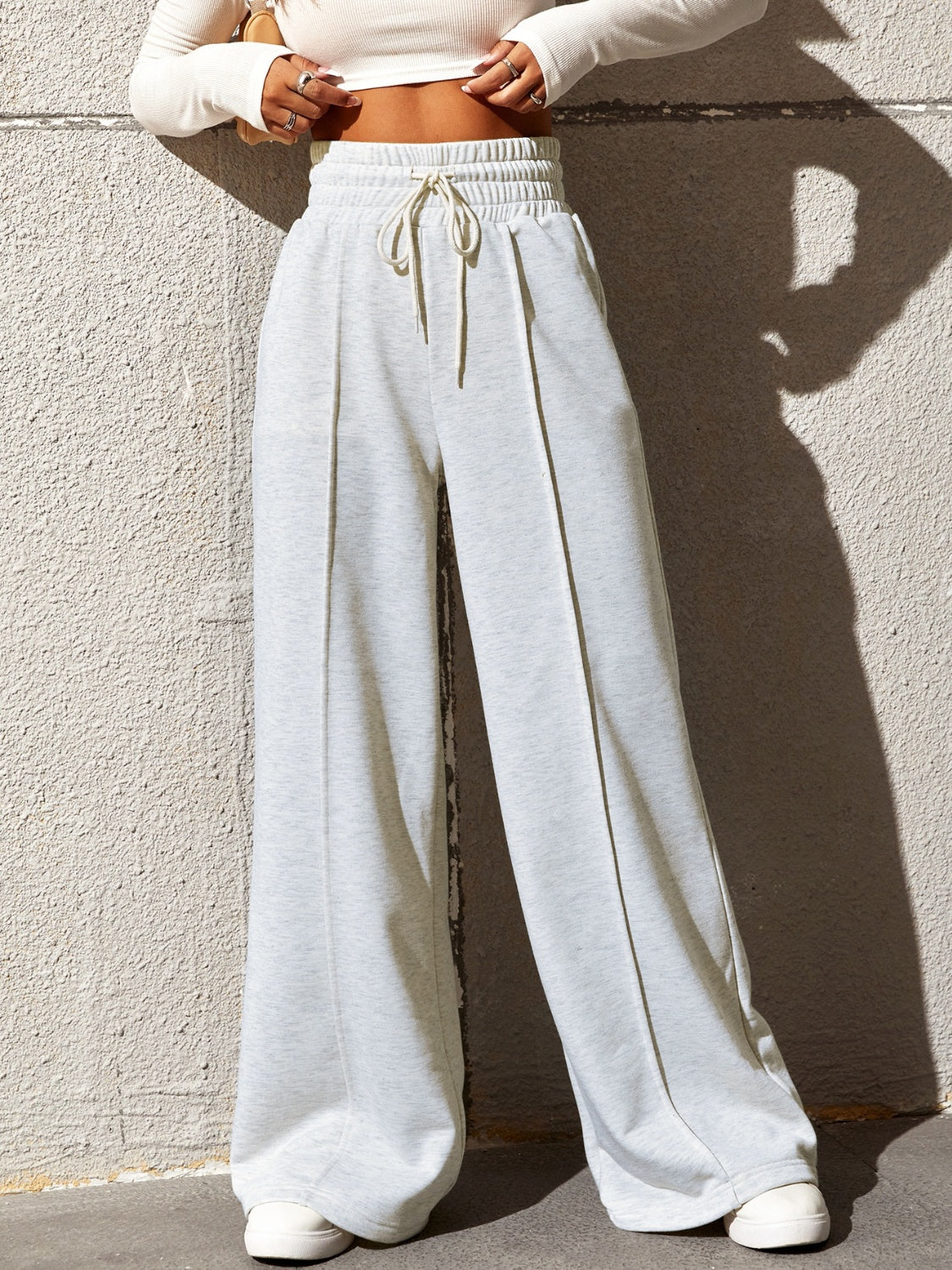 Honey Drawstring Elastic Waist Wide Leg Pants White