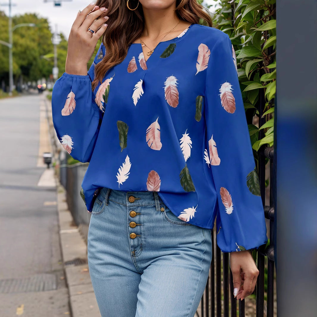 Feather Print Notched Balloon Sleeve Top Air Force Blue L