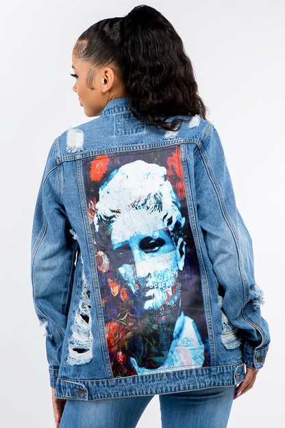 Women's Distressed Denim Button-Up Jacket