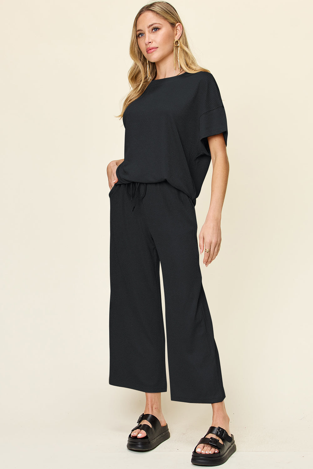 Textured Knit Top and Wide Leg Pant Set