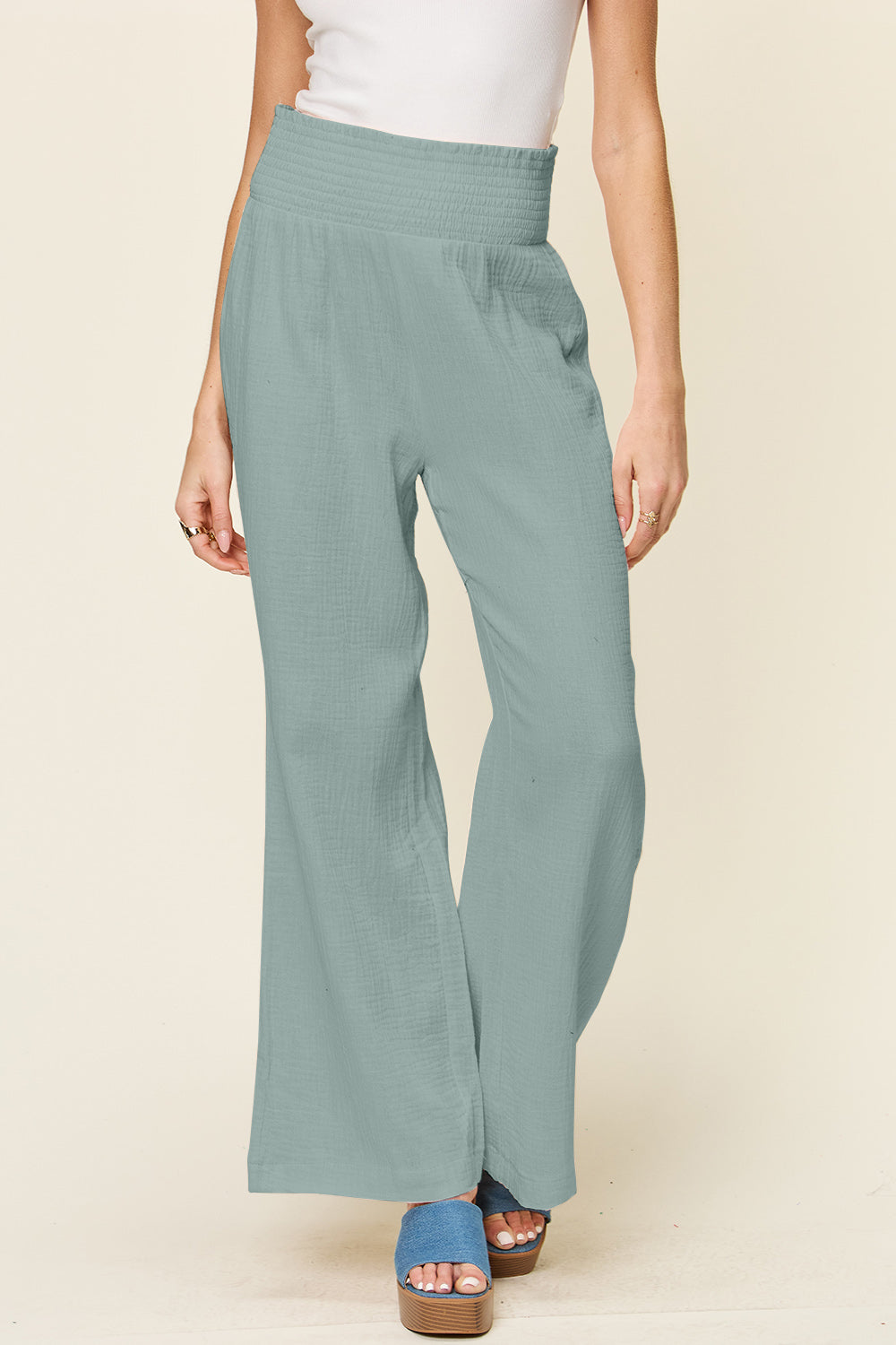 Textured Smocked Waist Wide Leg Pants