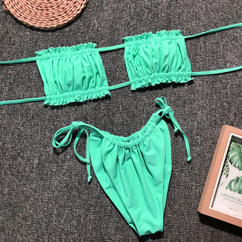 Ruched bikini set with flirty frill trim Mint Green