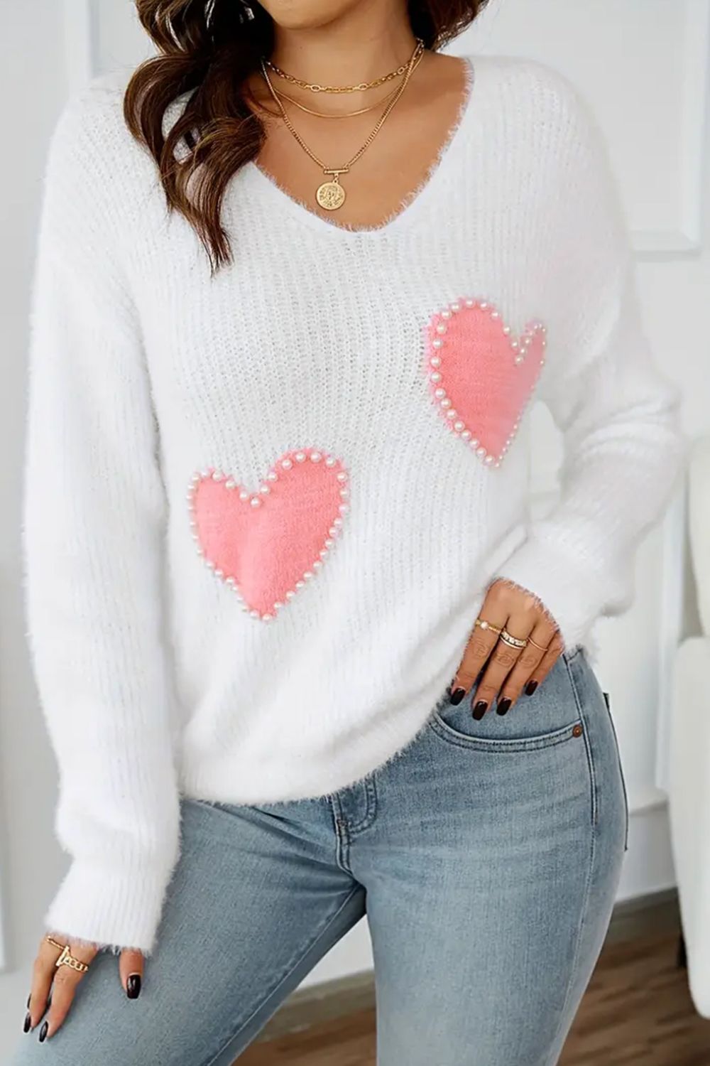 Heart V-Neck Long Sleeve Sweater White