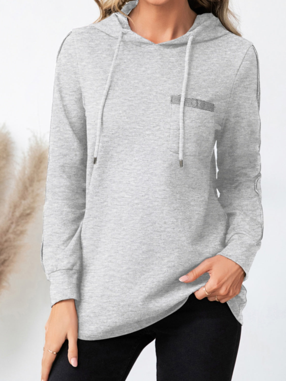 Drawstring Long Sleeve Hoodie Gray