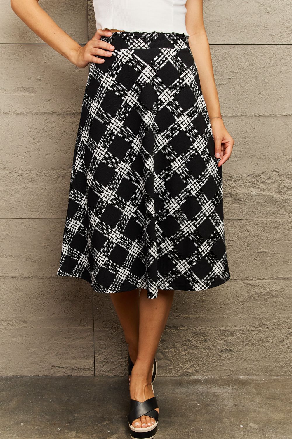 Ninexis Wide Waistband Knee Length Skirt Plaid