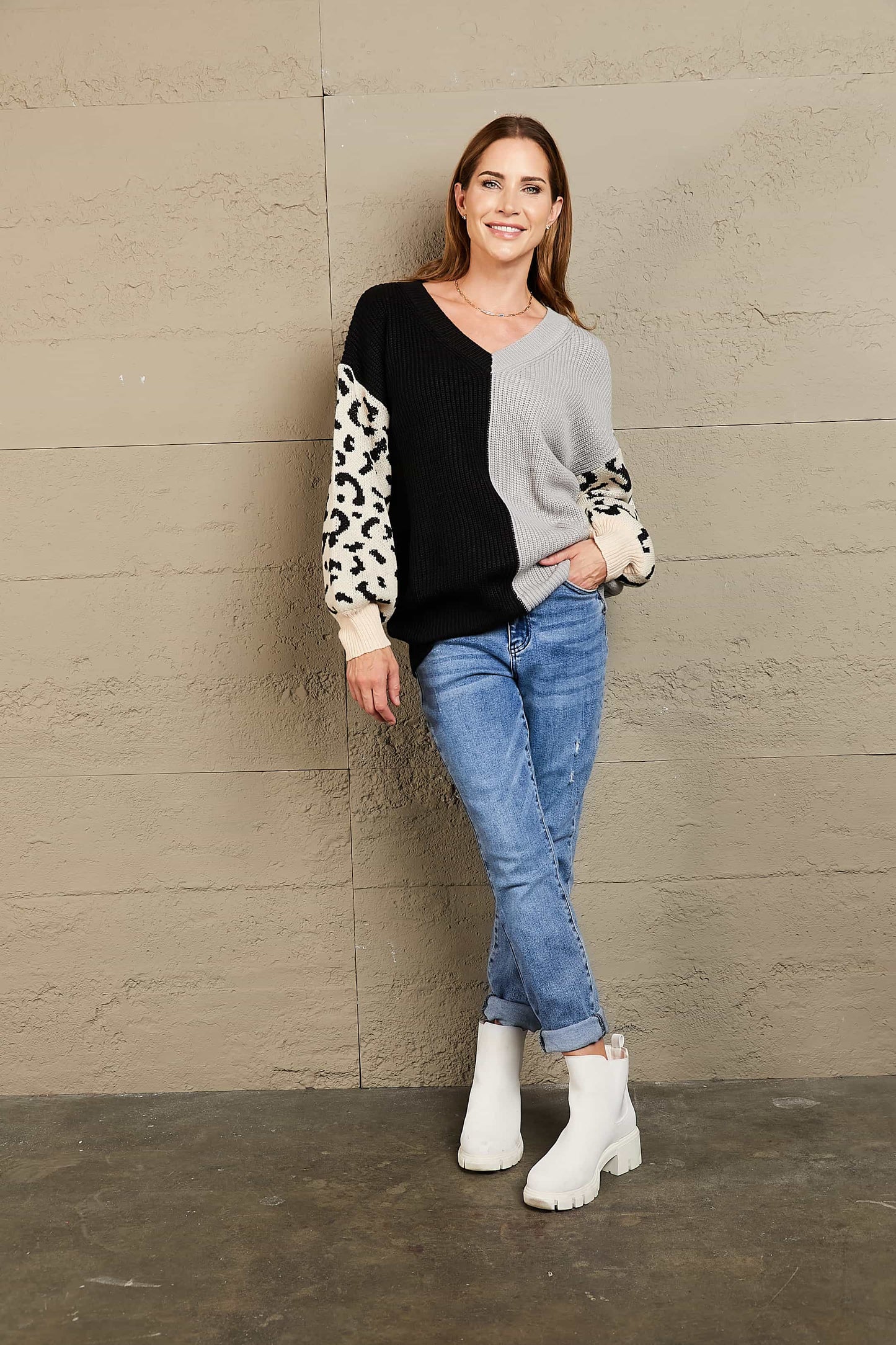 Woven Right Leopard Color Block V-Neck Tunic Pullover Sweater