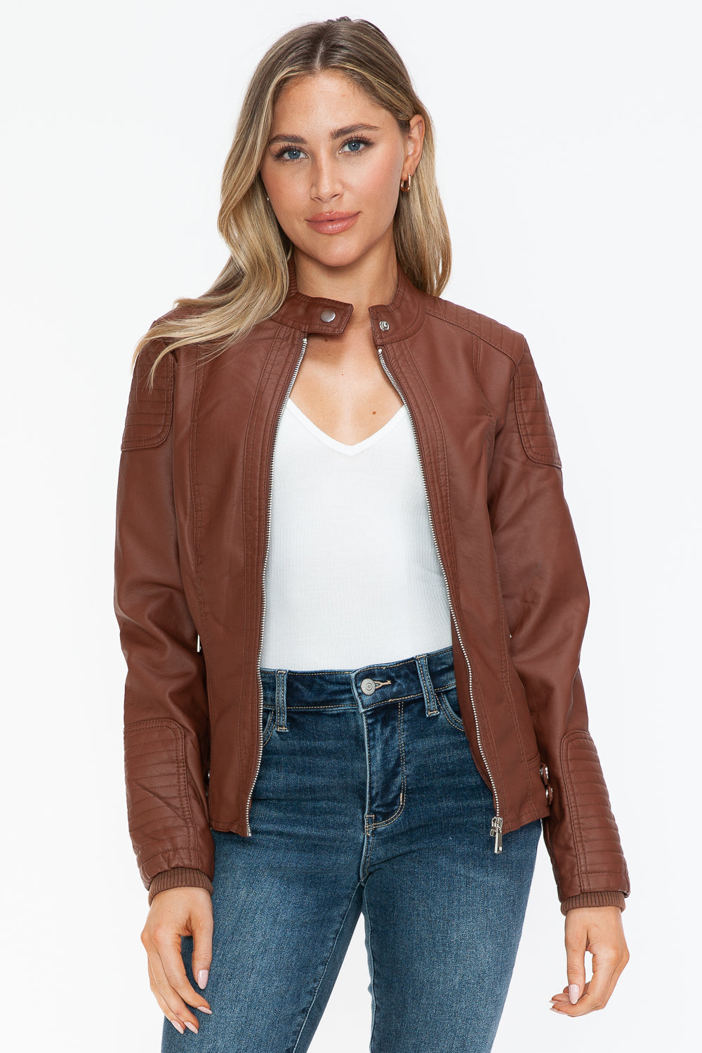 Snobbish Faux Leather Biker Jacket with Side Zip Pockets Brandy