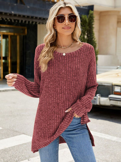 Round Neck Long Sleeve T-Shirt Burgundy