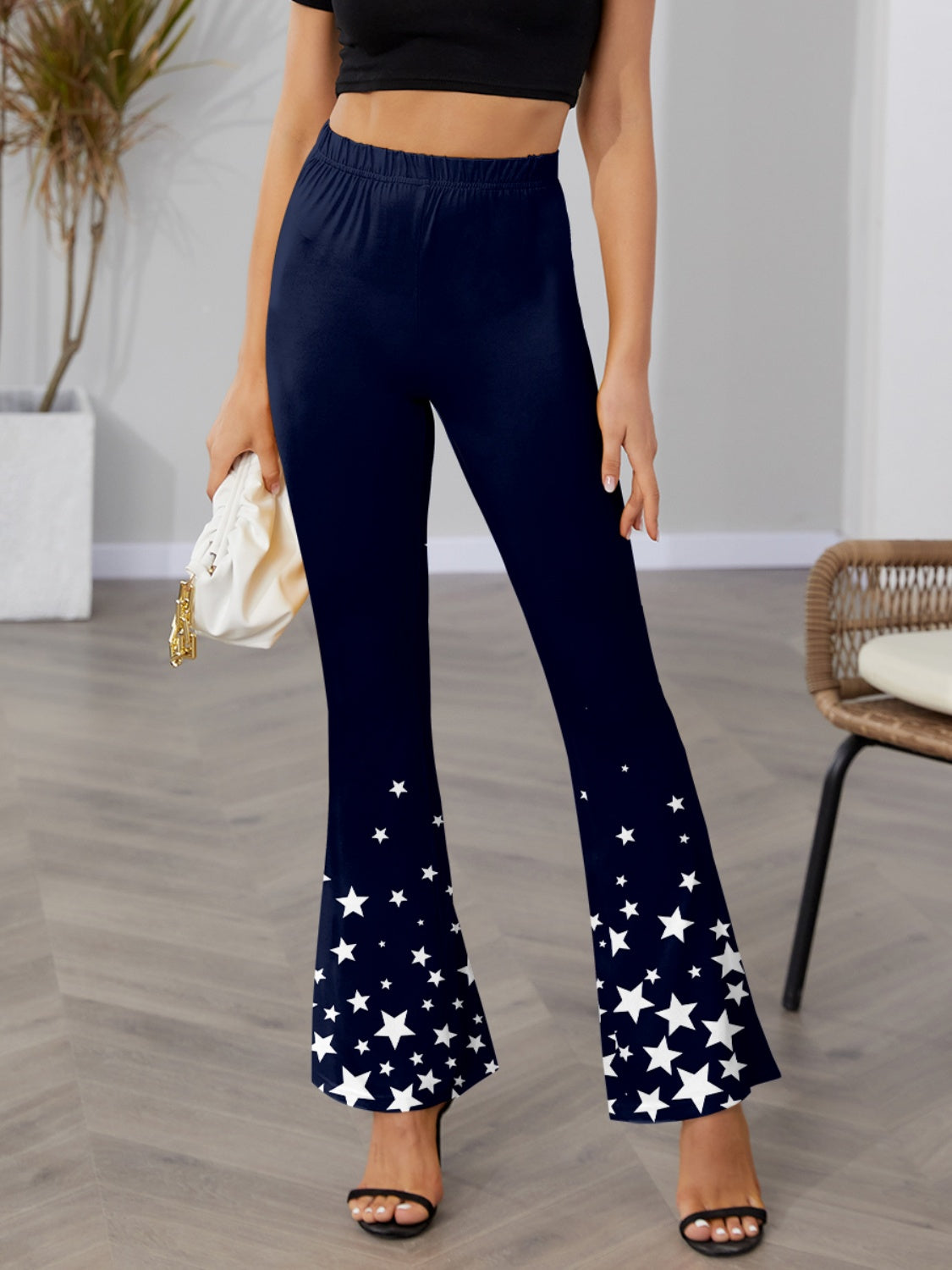 Star Elastic Waist Bootcut Pants Dark Blue