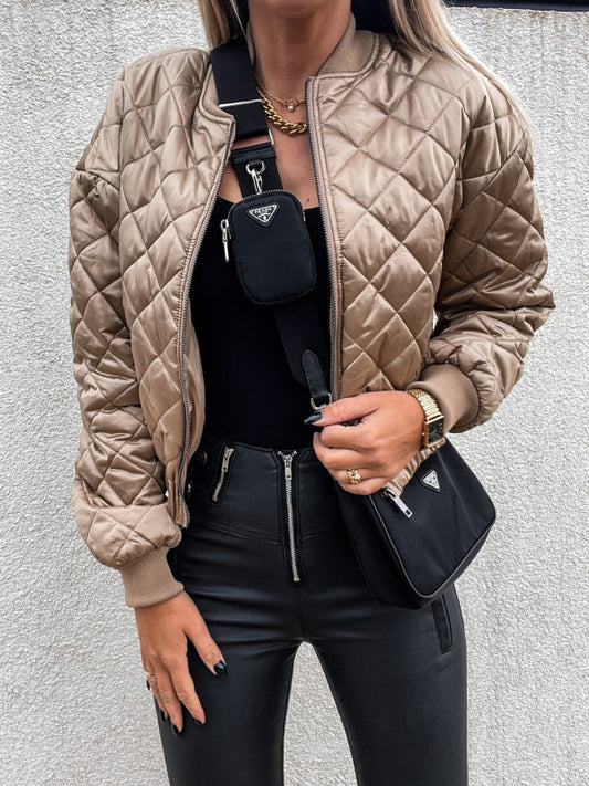 Women's Short Zip Closure Quilted Jacket Cracker khaki