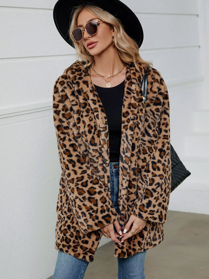 Fuzzy Leopard Print Hoodie Jacket