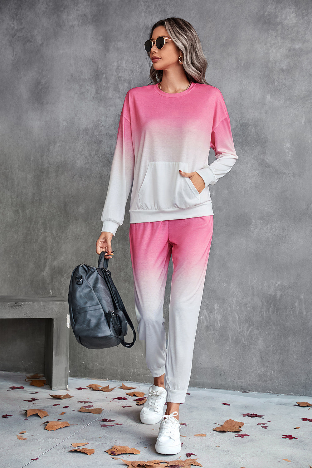 Gradient Round Neck Sweatshirt and Joggers Set Pink