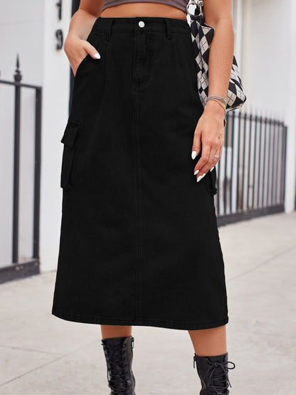 Slit Buttoned Denim Skirt with Pockets Black