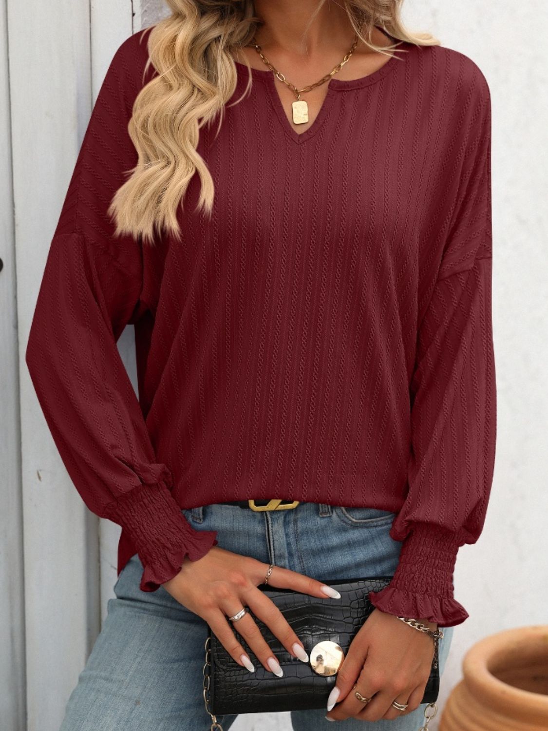 Textured Lantern Sleeve Top