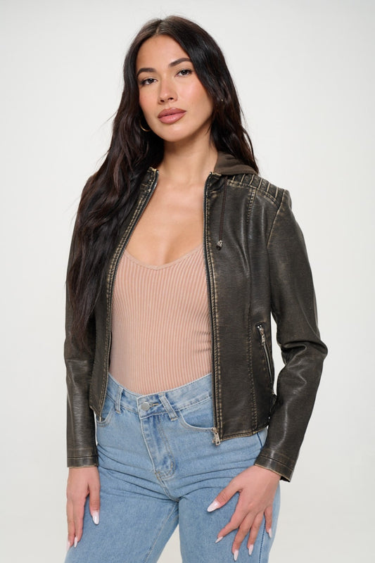 Vegan Leather Hooded Jacket with Pocket Brown