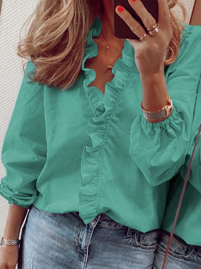 Full Size Ruffled V-Neck Long Sleeve Blouse Teal