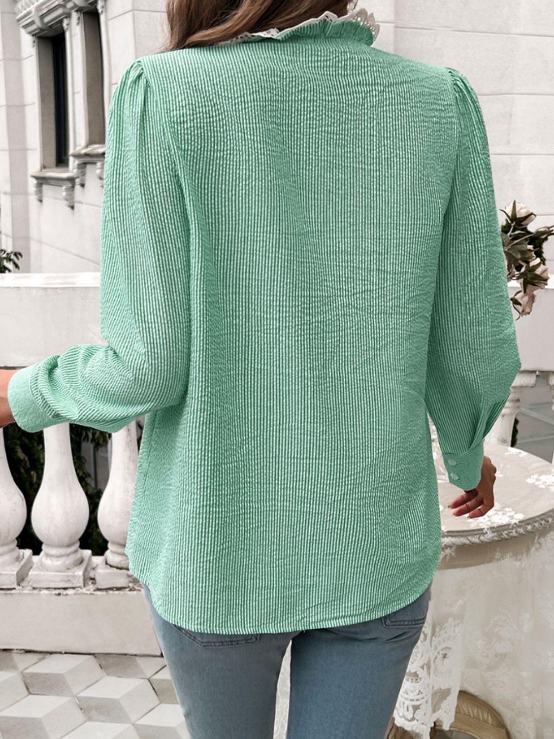 Lace Detail Ruffled Round Neck Long Sleeve Shirt