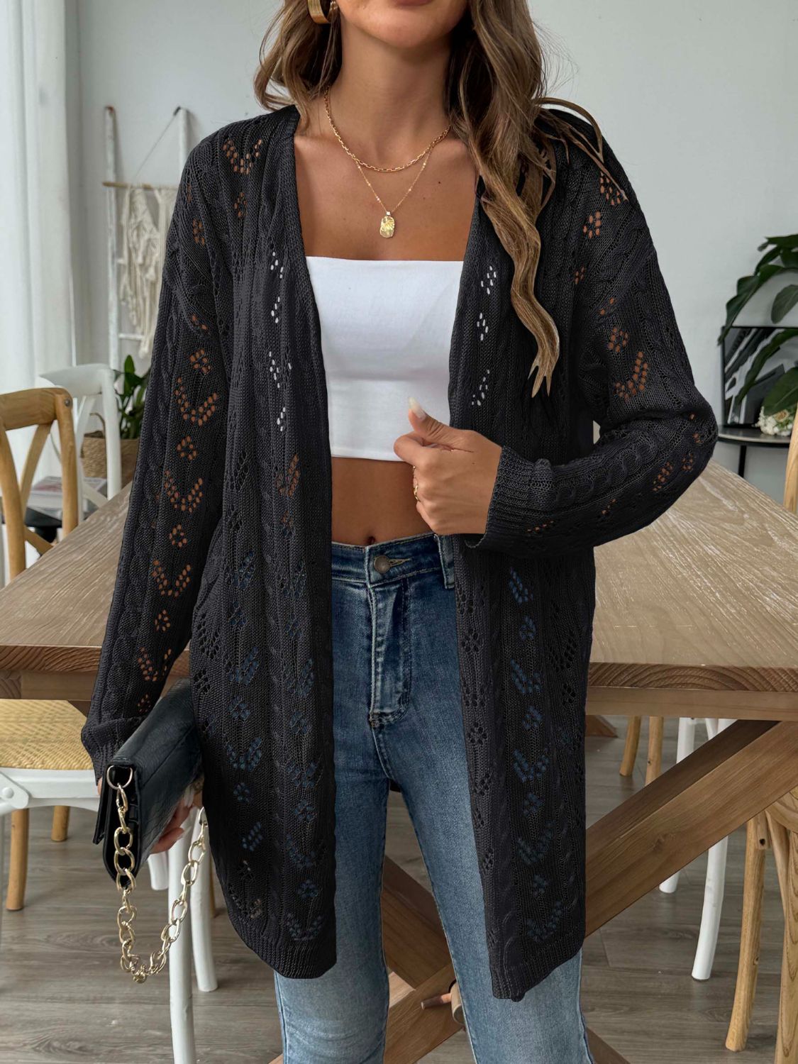 Openwork Open Front Long Sleeve Cardigan Black One Size