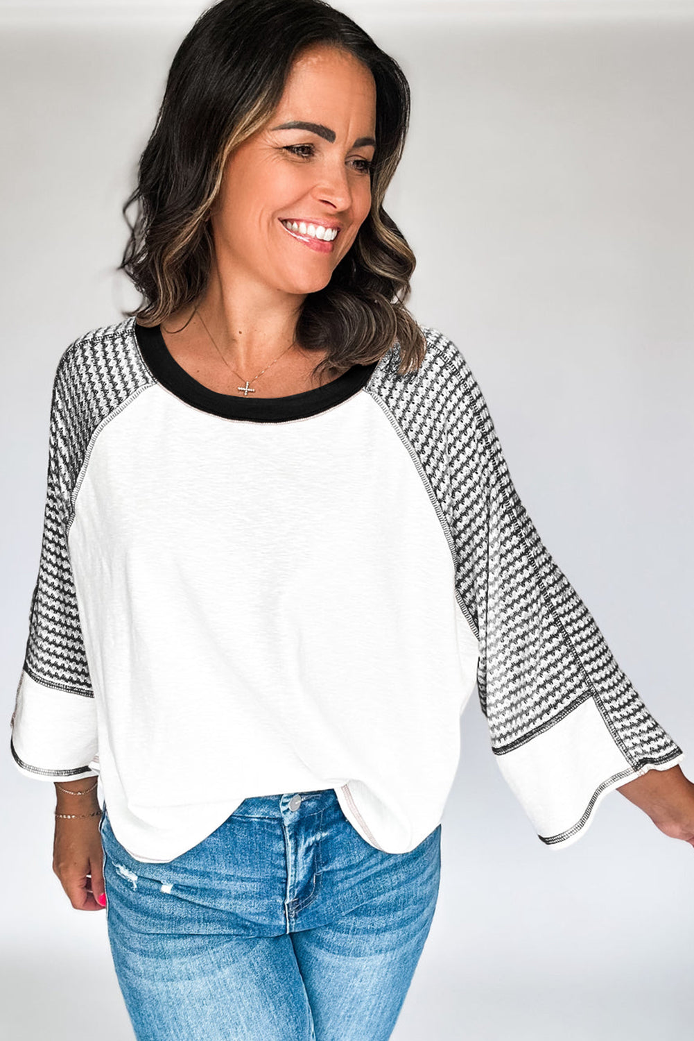 Striped Round Neck Raglan Sleeve Top