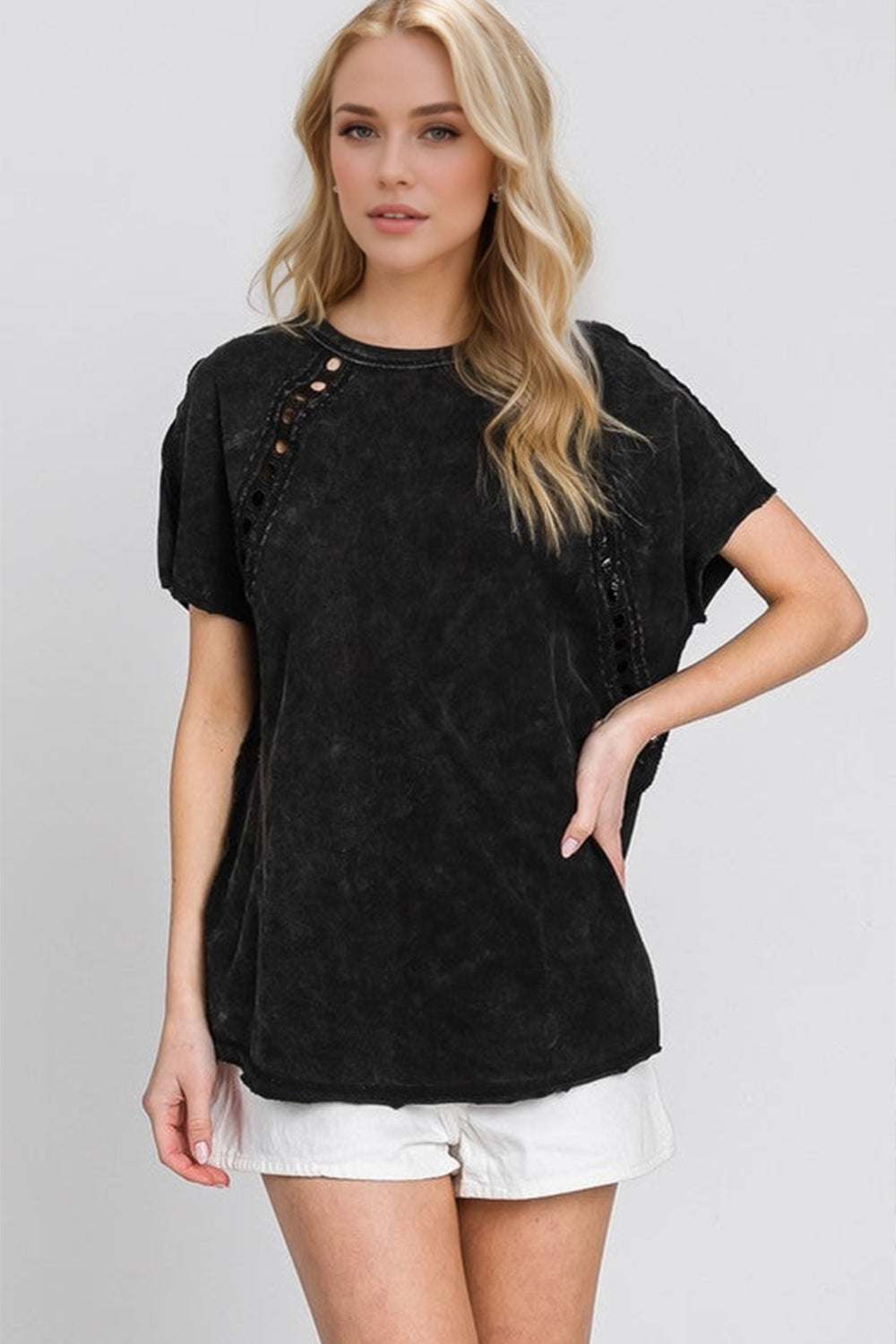 Double Take Full Size Cutout Round Neck Short Sleeve T-Shirt Black