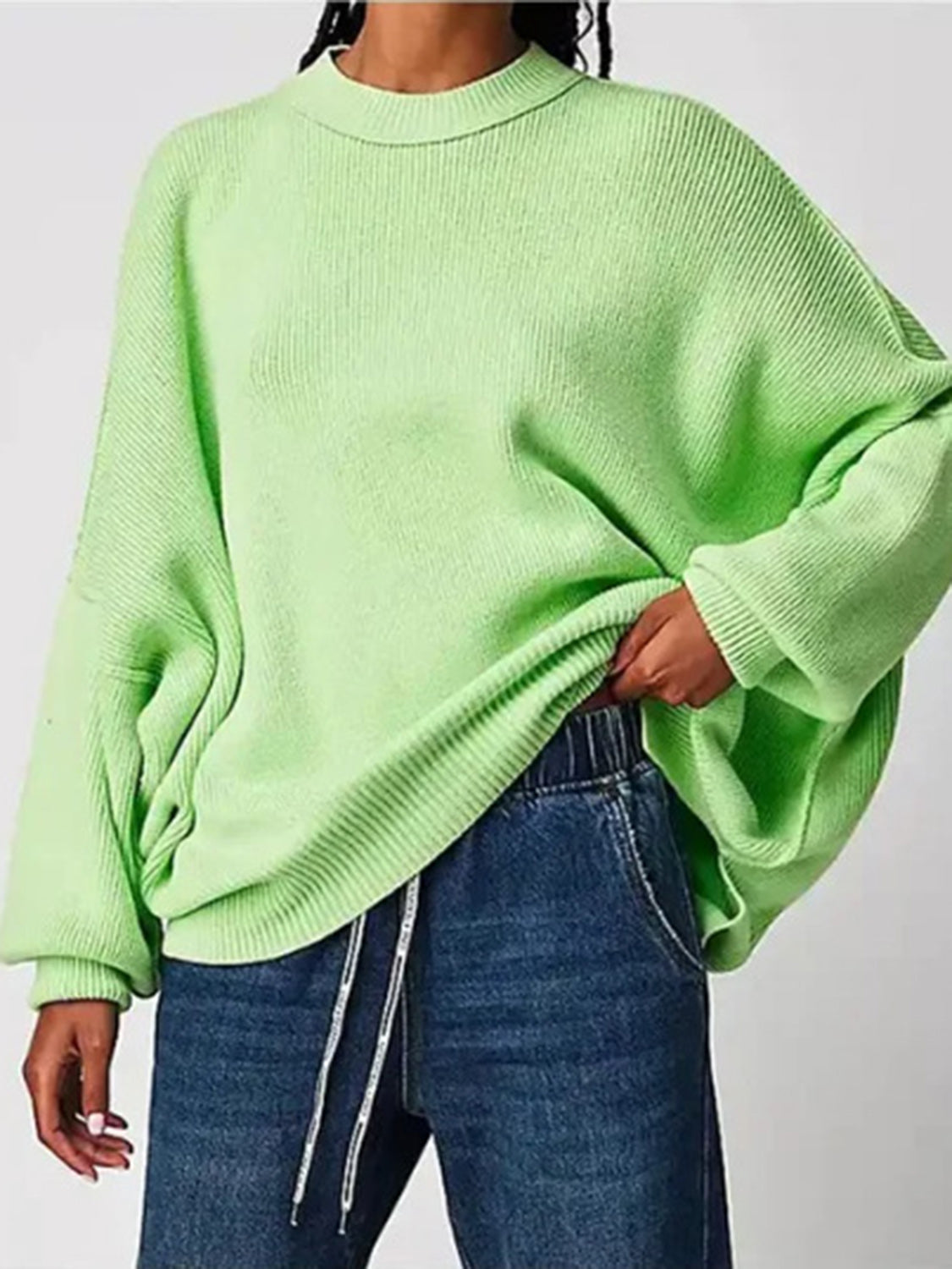 Round Neck Long Sleeve Sweater Neon Green