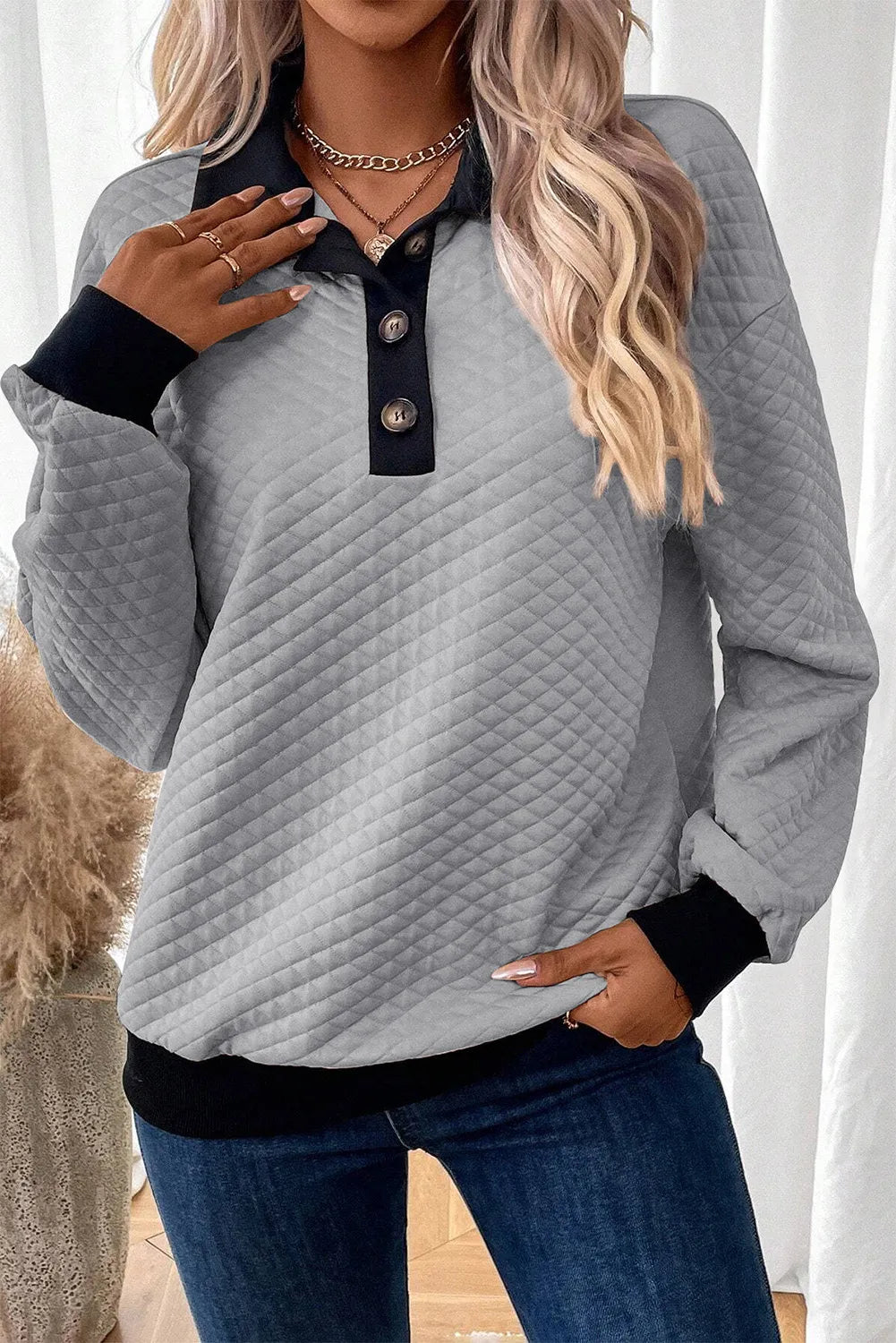 Textured Collared Neck Long Sleeve Top Gray