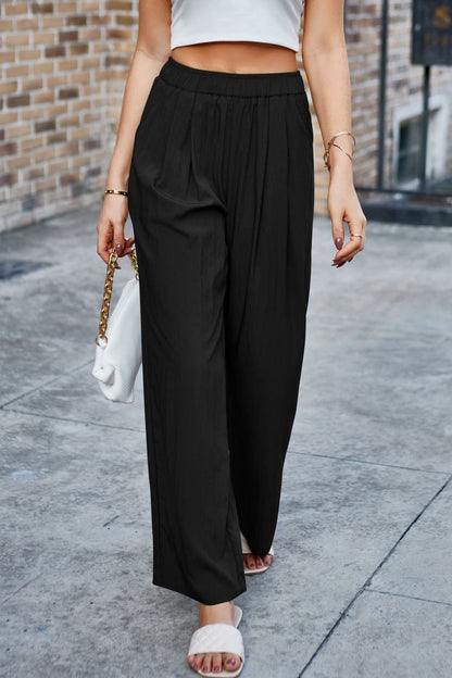 Elastic Waist Wide Leg Pants Black