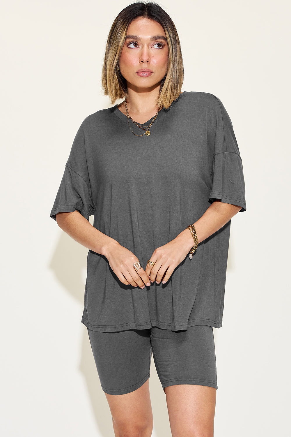 Relaxed Fit Rayon V-Neck Tee & Shorts Set Charcoal