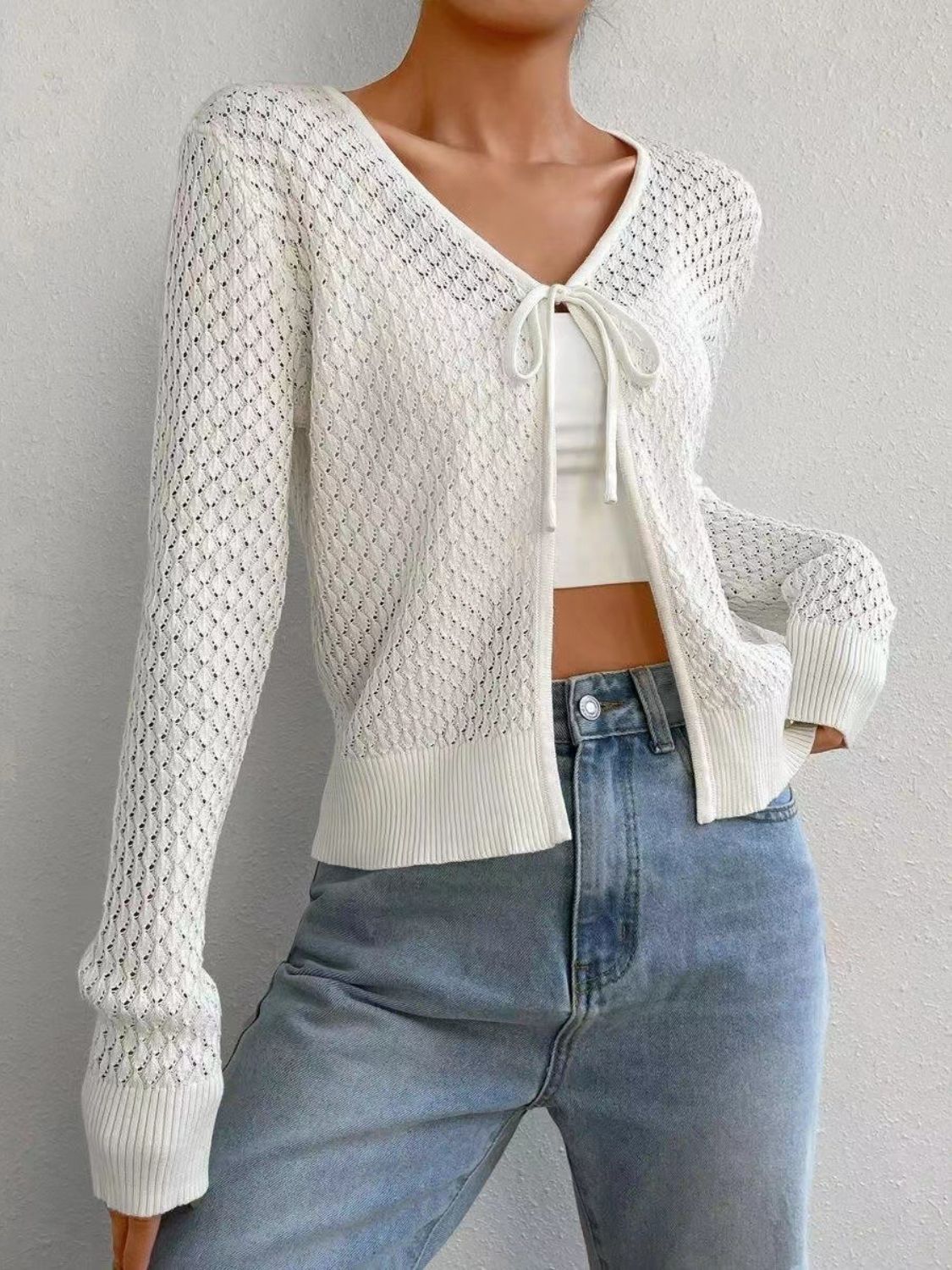 Tied Openwork V-Neck Long Sleeve Cardigan White One Size