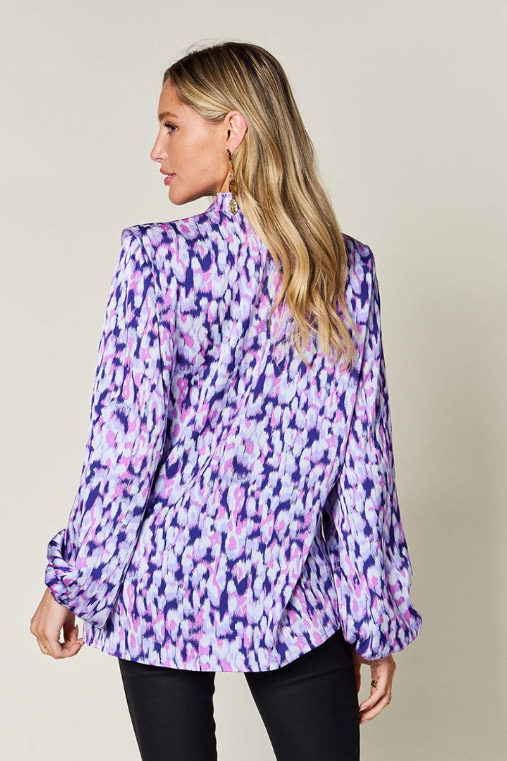 Printed Button-Down Top with Ruffle Balloon Sleeves