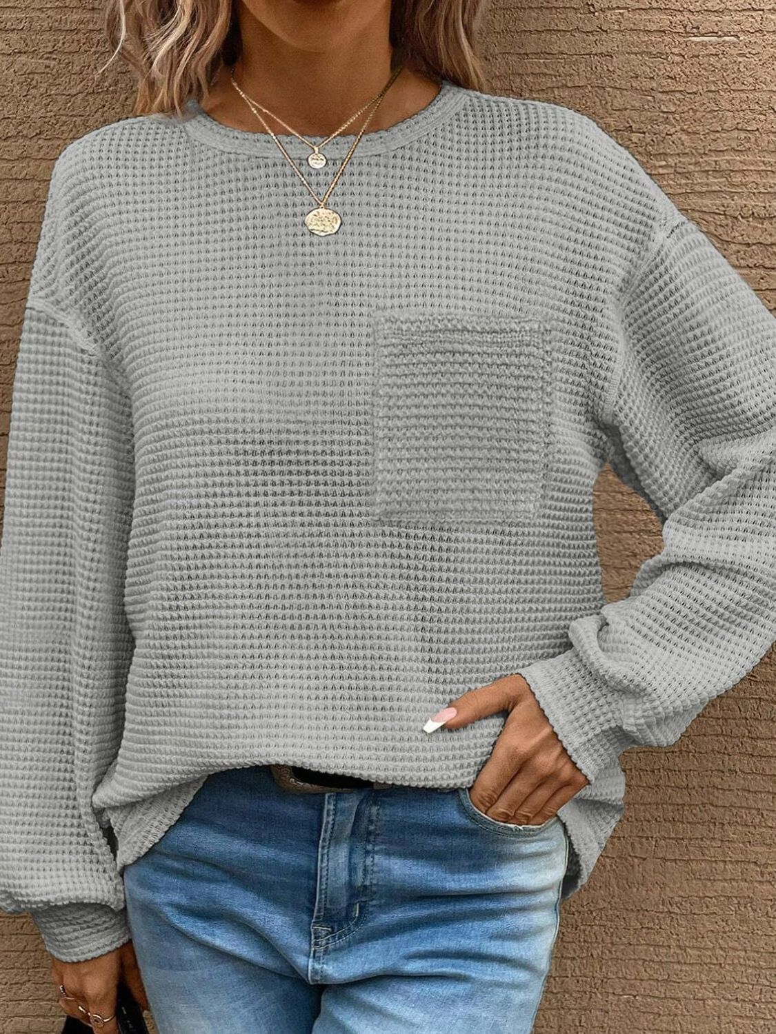 Mandy Round Neck Long Sleeve T-Shirt Gray