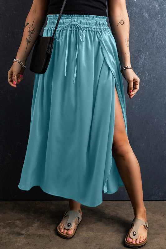 Slit Drawstring Elastic Waist Skirt Turquoise