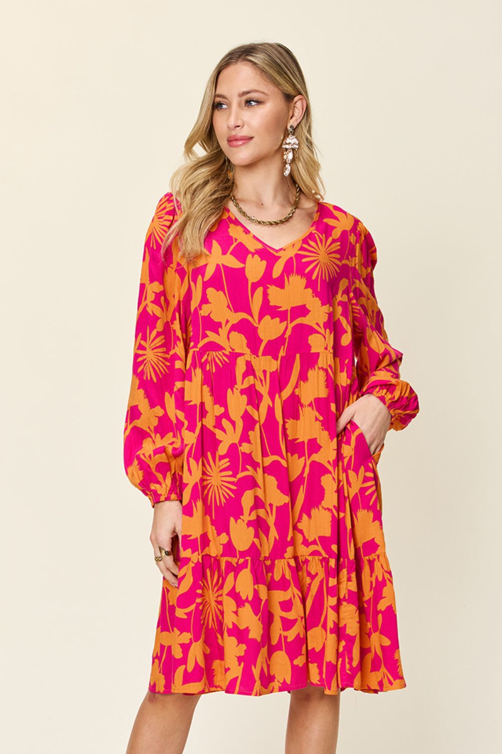 Printed Ruffle Hem Long Sleeve Rayon Dress Deep Rose