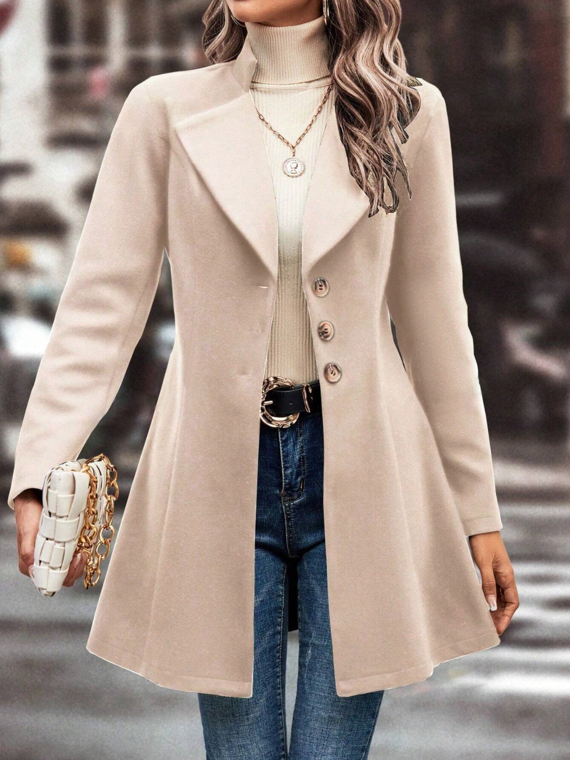 Collared Neck Long Sleeve Longline Coat Dust Storm