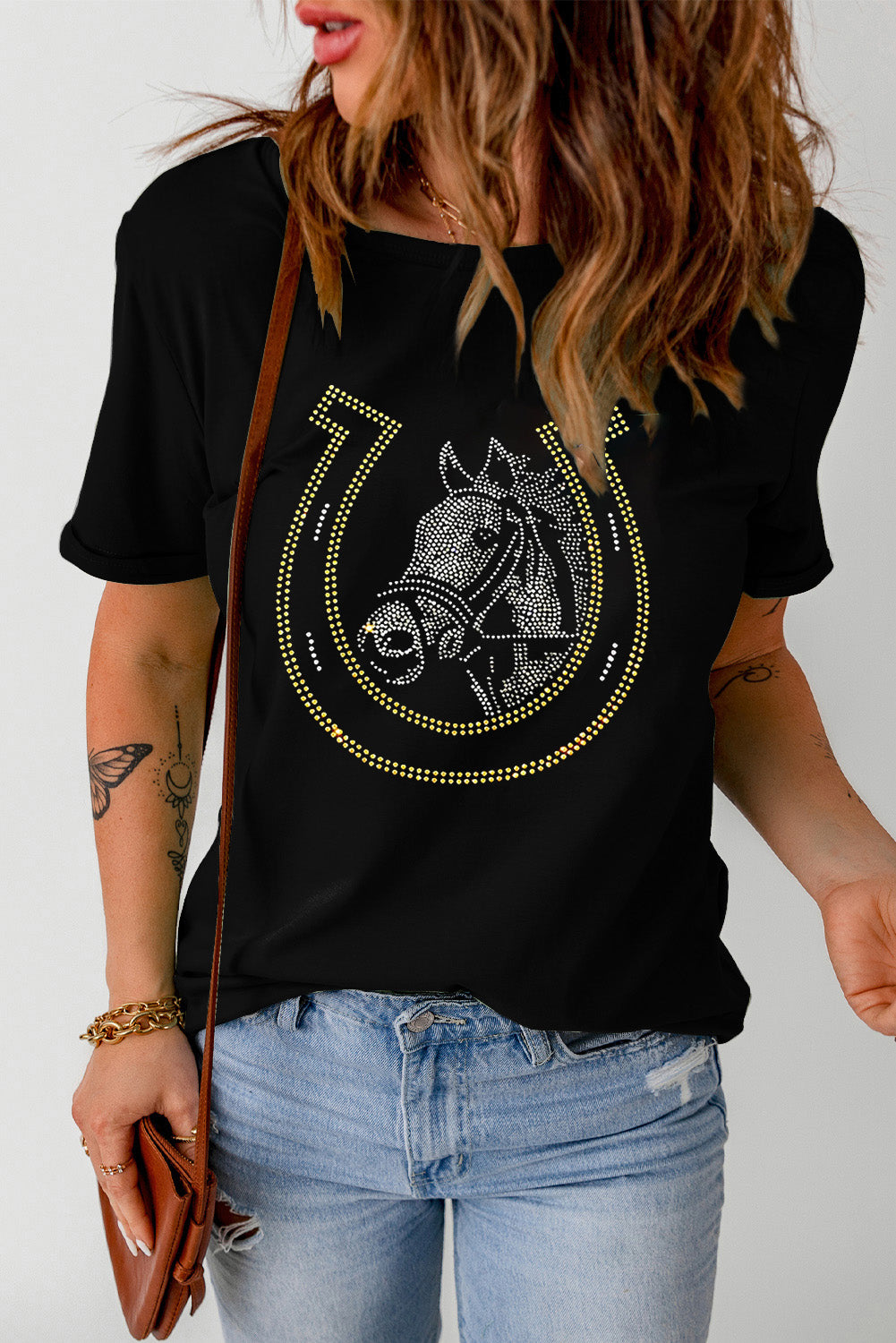 Rhinestone Round Neck Short Sleeve T-Shirt Black