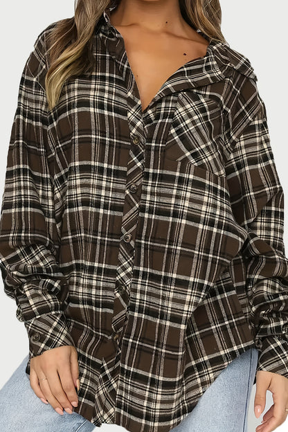 Plaid Collared Neck Long Sleeve Shirt Chocolate