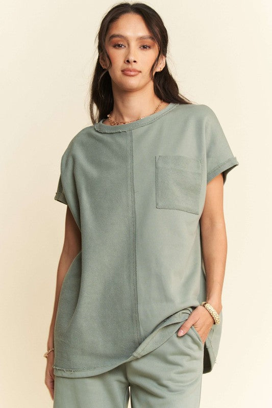 Davi & Dani Round Neck Short Sleeve Top and Pants Set Olive Sage