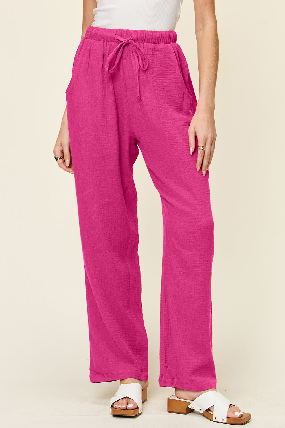 Textured Drawstring Straight Leg Pants Hot Pink