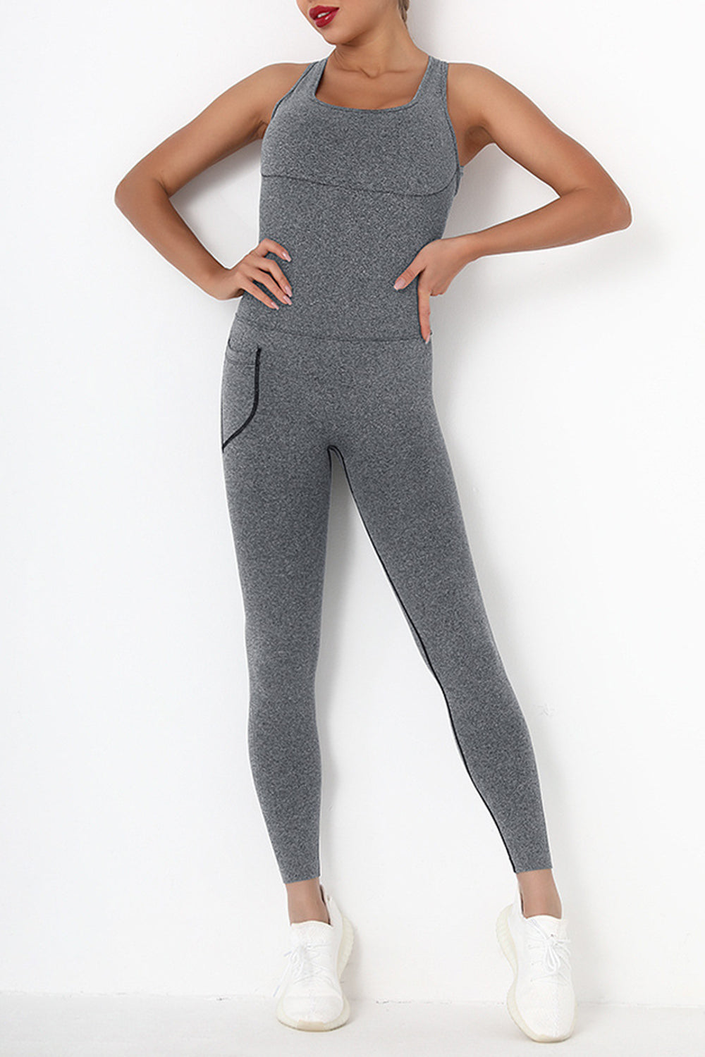 Crisscross Wide Strap Active Jumpsuit Gray