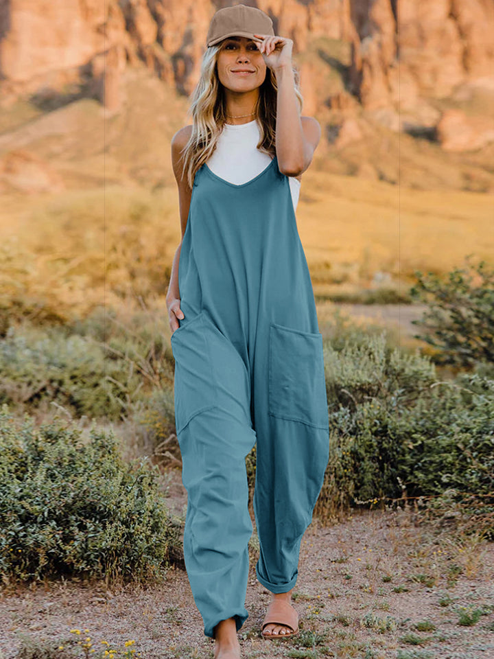 Sleeveless V-Neck Jumpsuit with Pockets Azure