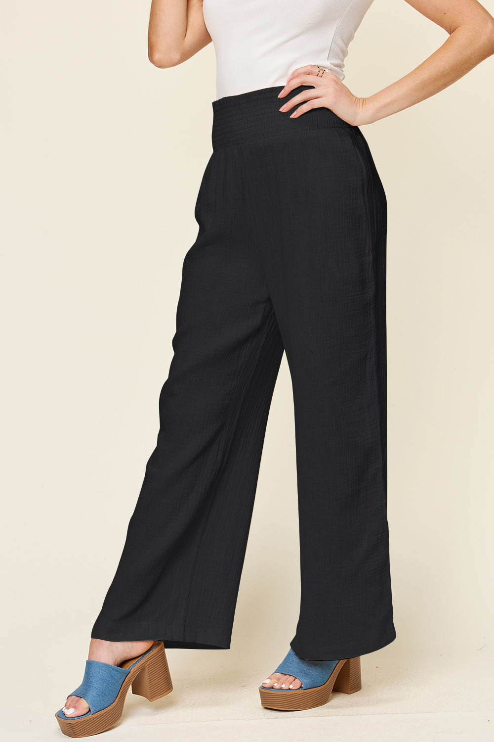 Textured Smocked Waist Wide Leg Pants